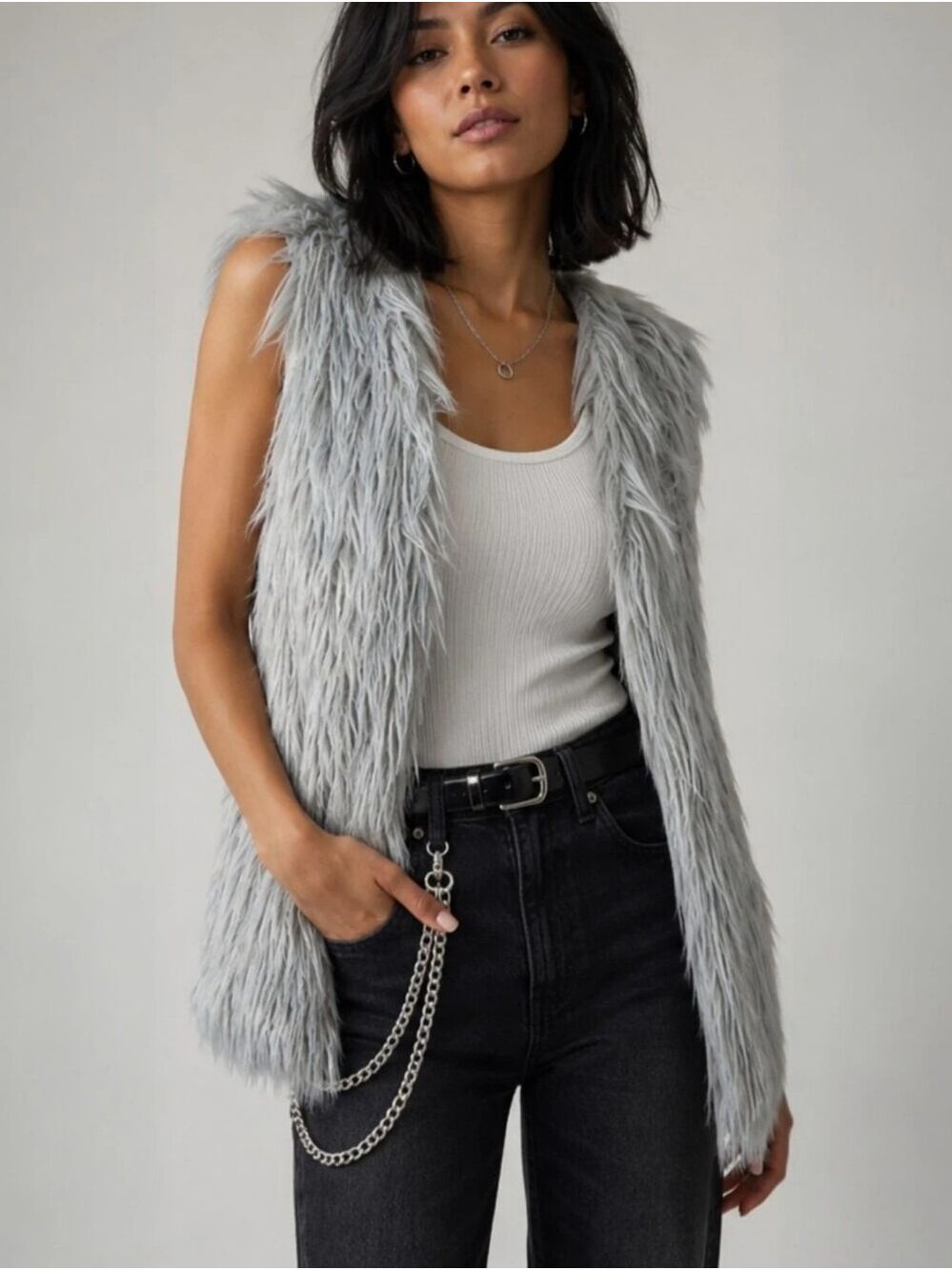 LANSHIFEI Silver Gray Faux Fur Long Vest Large